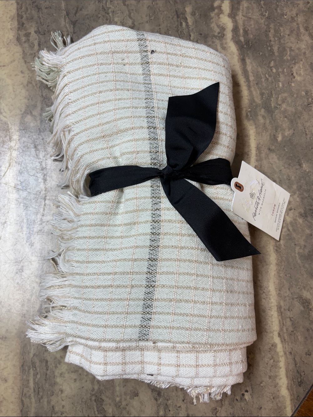 Hearth & Hand Cream, Gray and Tan Striped Fringed Throw